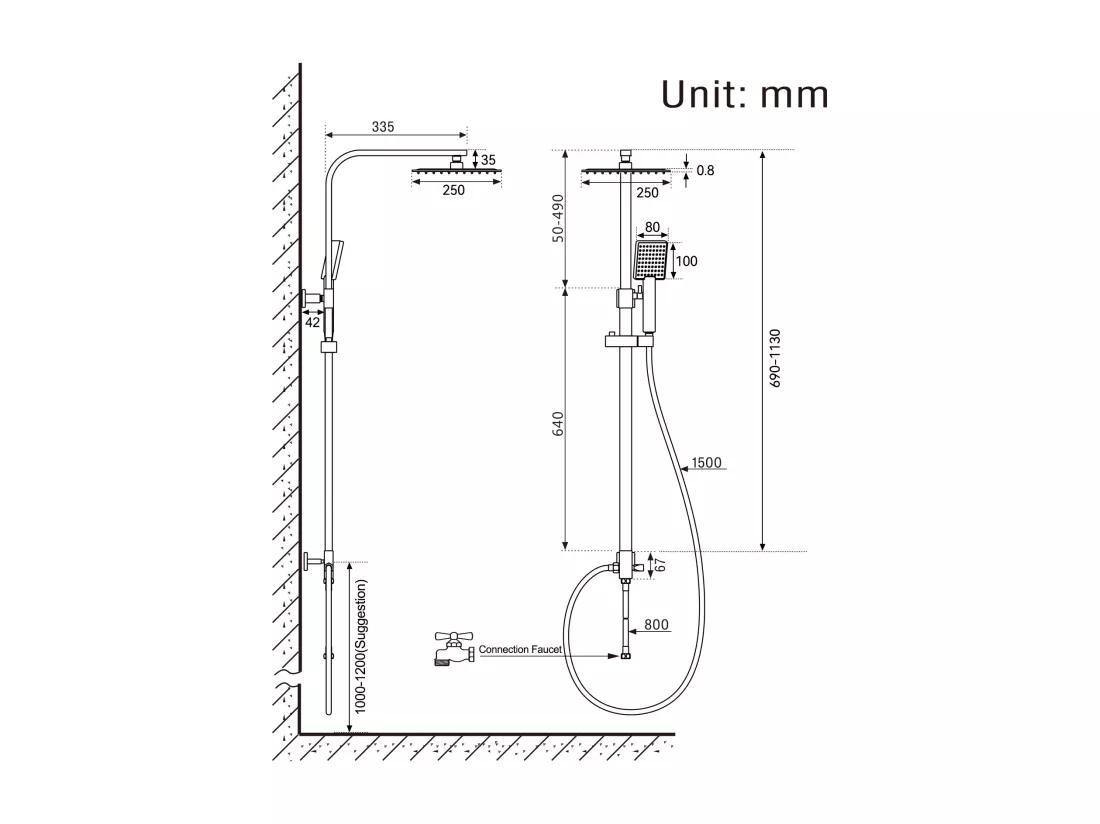 Colonne de Douche Noir Sans Mitigeur Système Douche avec Douchette à Main et Tête Douche, Ensemble Douche Hauteur Réglable 690-1130cm Salle de Bain WC