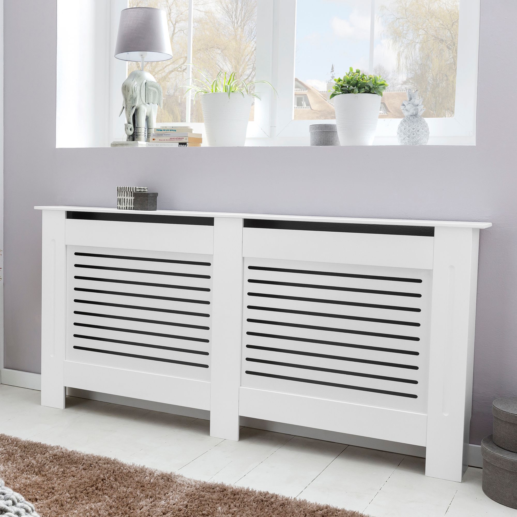 KADIMA DESIGN Moderne Heizkörperabdeckung mit Lamellenmuster, Elegante Lösung zur Verbesserung der Raumgestaltung, Weiß