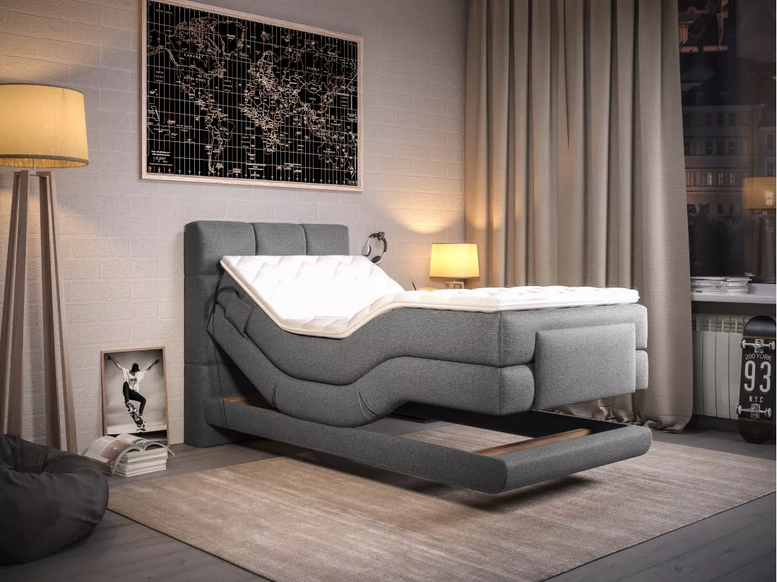 Ensemble complet boxspring tête de lit capitonnée + sommiers relaxation électrique + matelas + surmatelas - 100 x 200 cm - Tissu - Gris clair - LODI de PALACIO