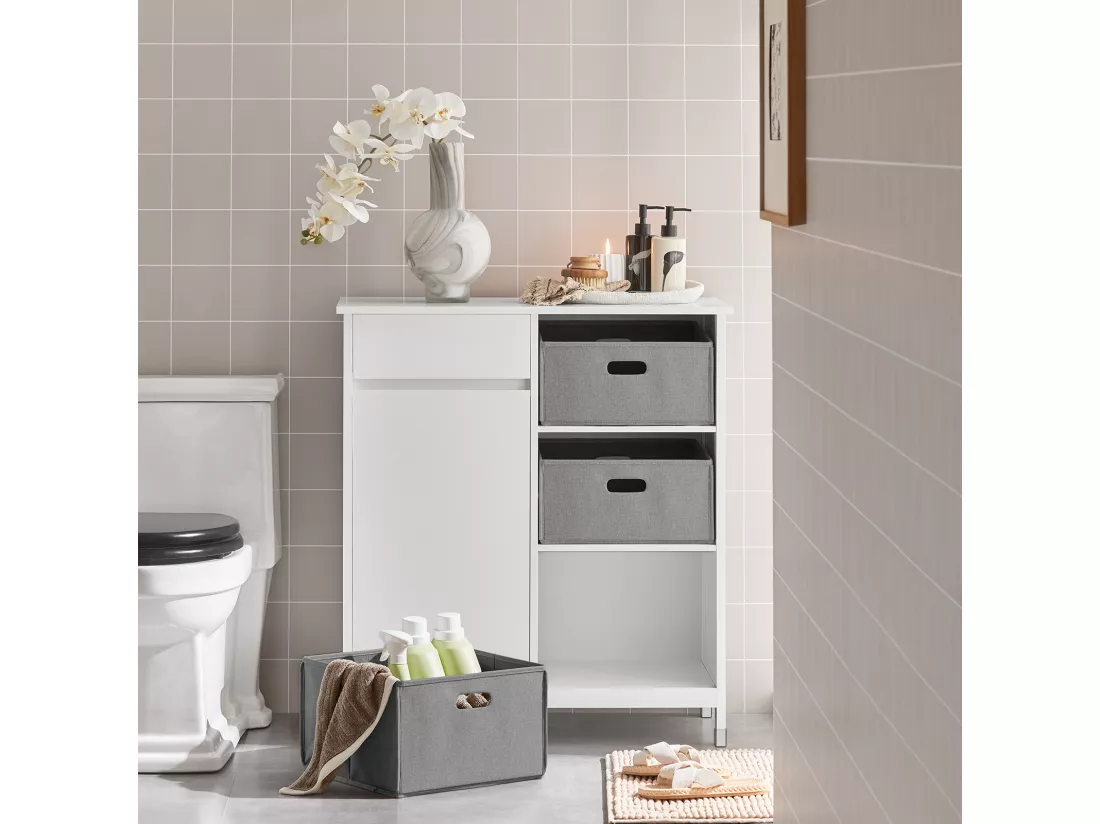 Placard Meuble Bas De Salle De Bain Avec 1 Tiroir, 1 Panier À Linge 3 Panier, Sacs À Linge, BZr77-w