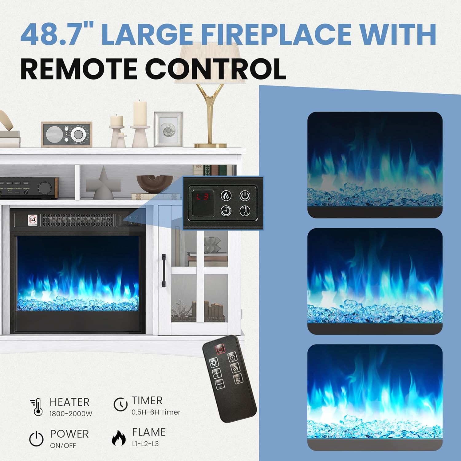 TAUS elektrokamin, elektrischer Kamin, Electric Fireplace für das Wohnzimmer mit flammeneffekt, Einstellbarer Flamme, 1-8 Stunden Timer, Überhitzungsschutz, Heizfunktion & Fernbedienung