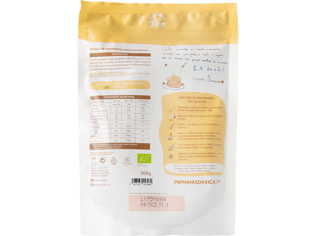 PREPARADO DE PANQUECAS PAPINHAS DA XICA BANANA ALFARROBA E CACAU 200G