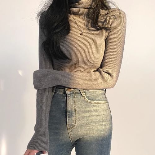 MIKIGA - Lange mouwen coltrui effen geribbelde slim fit gebreide top