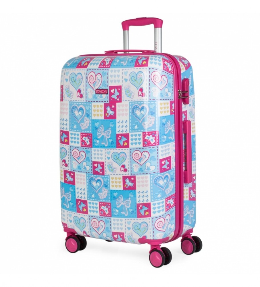 Mala de viagem infantil ITACA para meninas, estampa azul e fúcsia - 67x45x24cm -