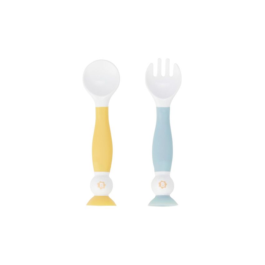 Lot de 2 couverts d'apprentissage flexibles - Jaune/Bleu - Ecru