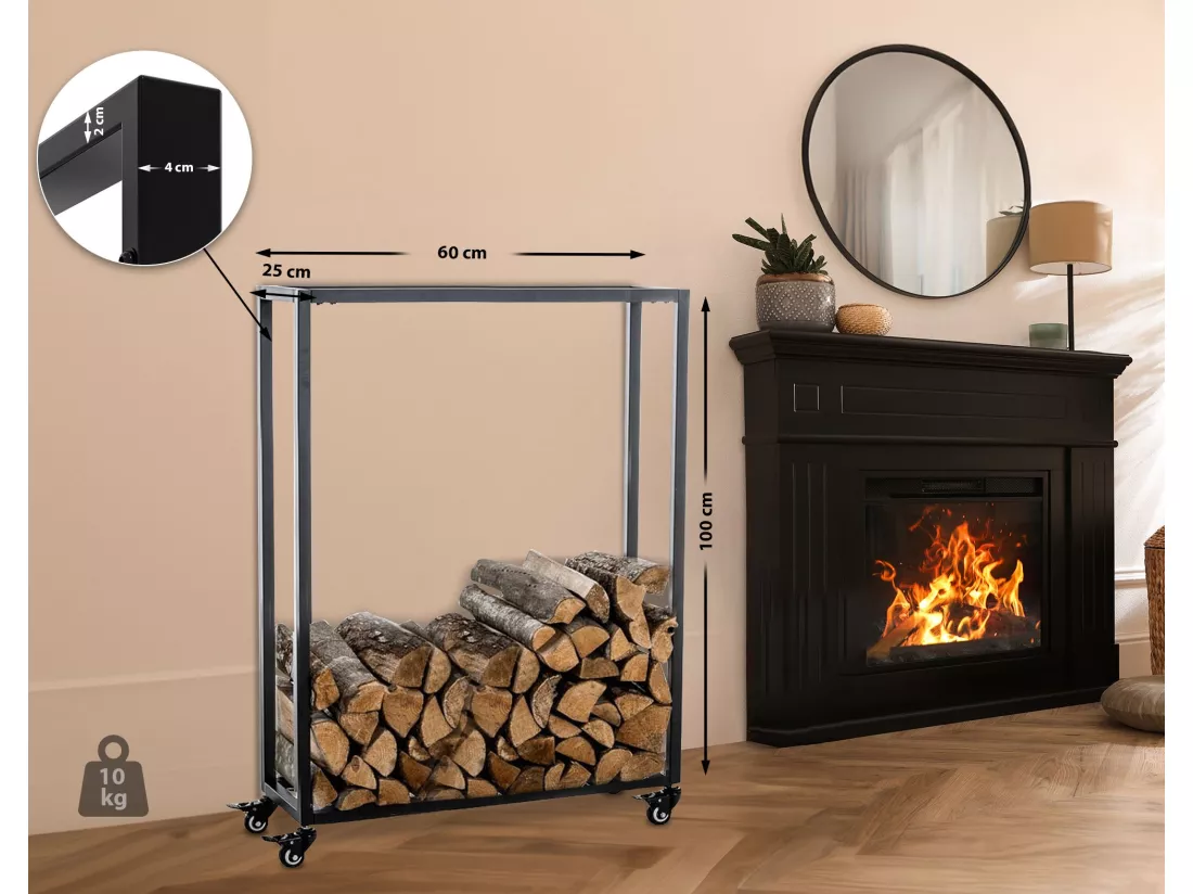 Etagère bois de cheminée - Métal - 60 x 25 x 100cm - Noir - Hetta