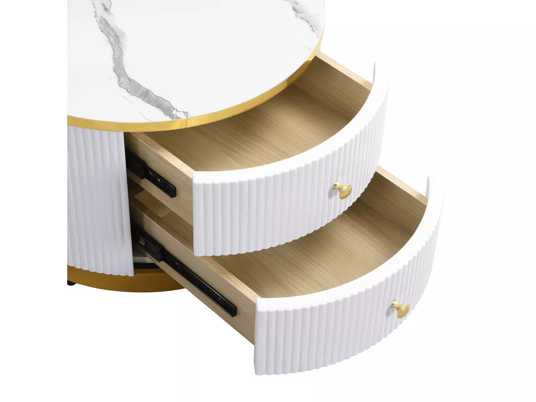 Lot de 2 tables gigognes - 2 tiroirs - plateau à motif de marbre - Blanc & Doré