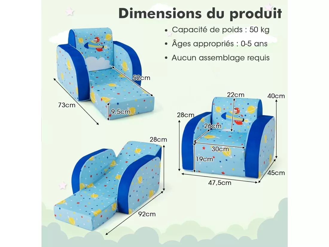 Canapé Convertible pour Enfants de 0-4Ans, Canapé-Lit Rembourré pour Enfants avec Siège Rembourré en Éponge, Tissu en Velours et Motif pour Lecture, Jeu et Repos (Avion)