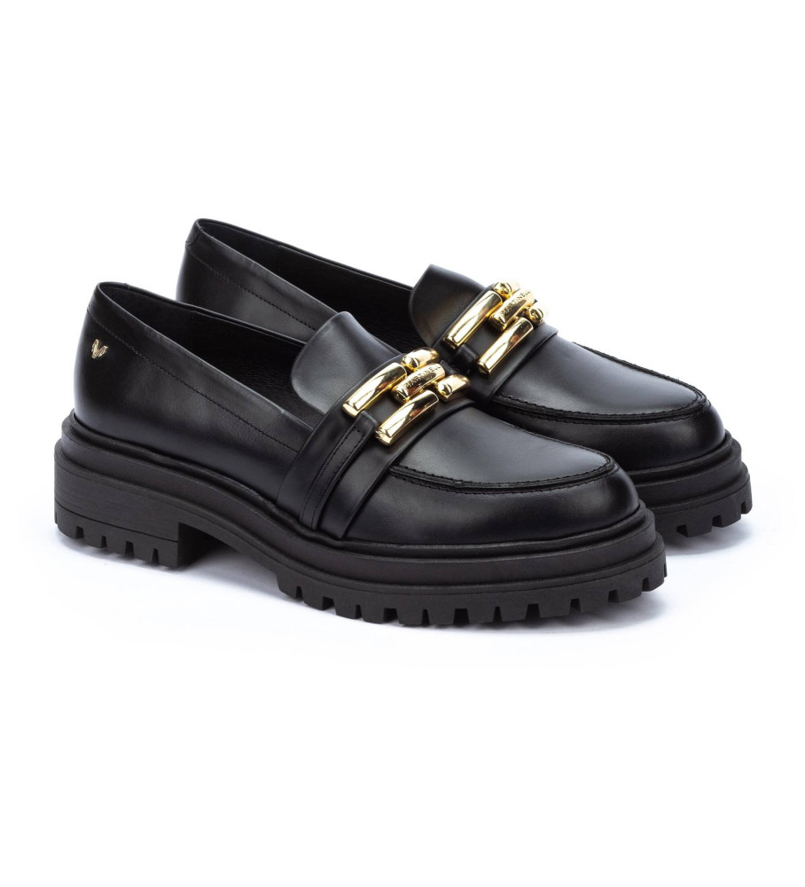 Mocassins Martinelli Blunt em couro preto com fivela dourada - Altura do salto: 4,5 cm -