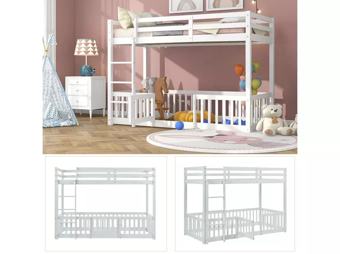 Lit superposé pour enfants avec escalier, lit pour enfants avec protection contre les chutes et barrières, bois massif, blanc 200x90 cm