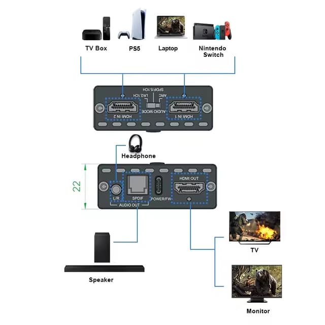 NÖRDIC HDMI 2.1 switch og extractor 8K60Hz 4K120Hz ARC EDID, S/PDIF og AUX extractor