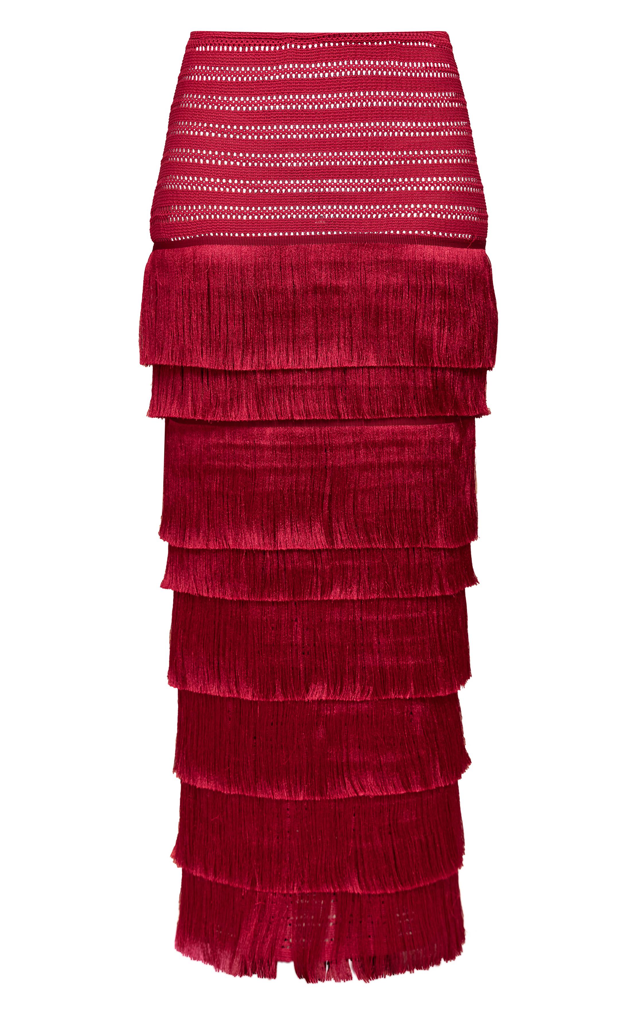 Cherry Red Jupe Longue Rouge Profond À Texture Premium Avec Pompons