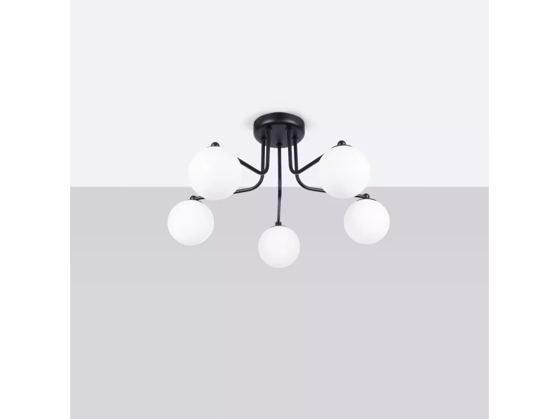 Lustre Astral minimaliste en acier/verre - 5 sources lumineuses - L.58 x H.29 cm - noir/blanc