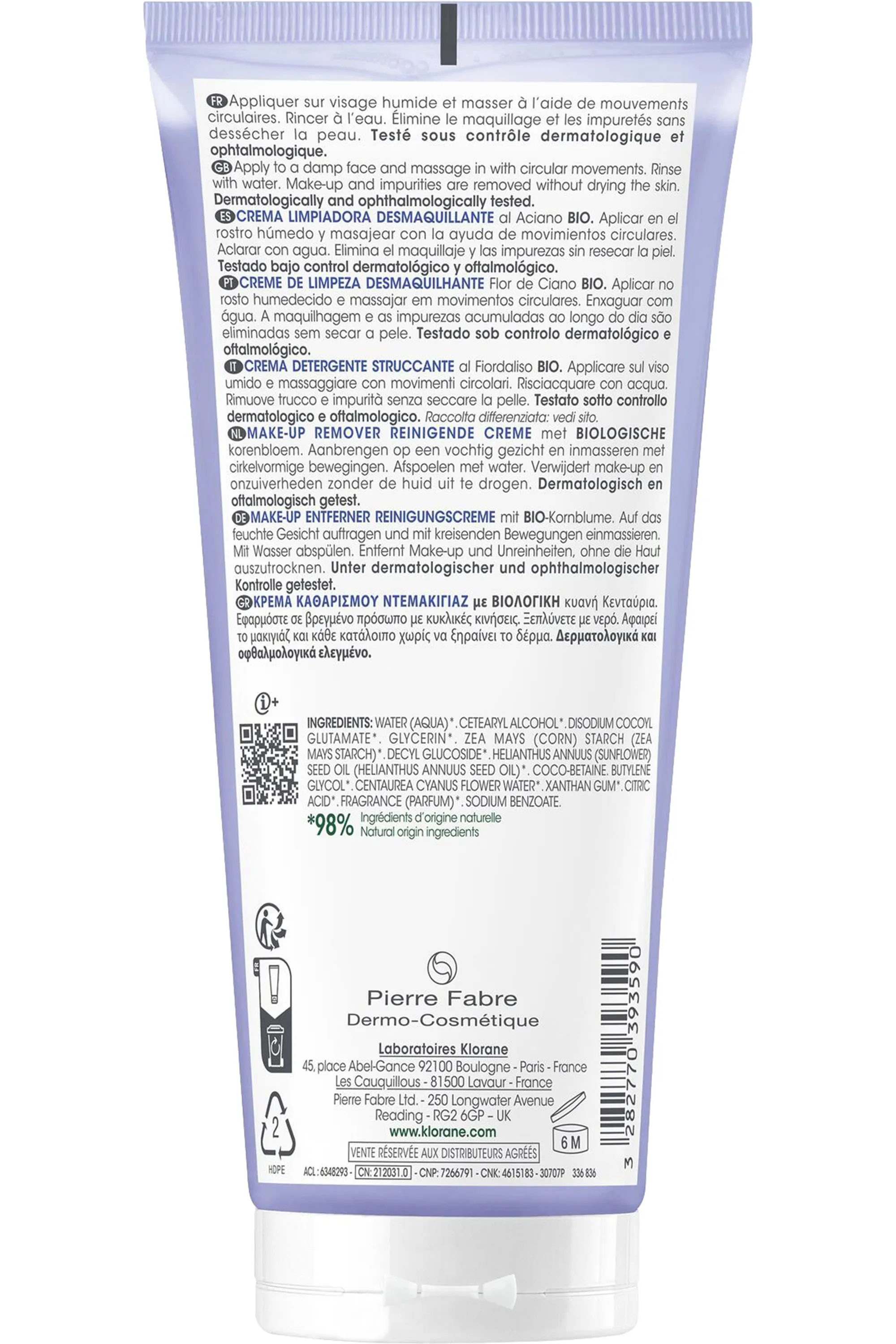 Klorane Crème nettoyante & démaquillante bleuet-200 ml