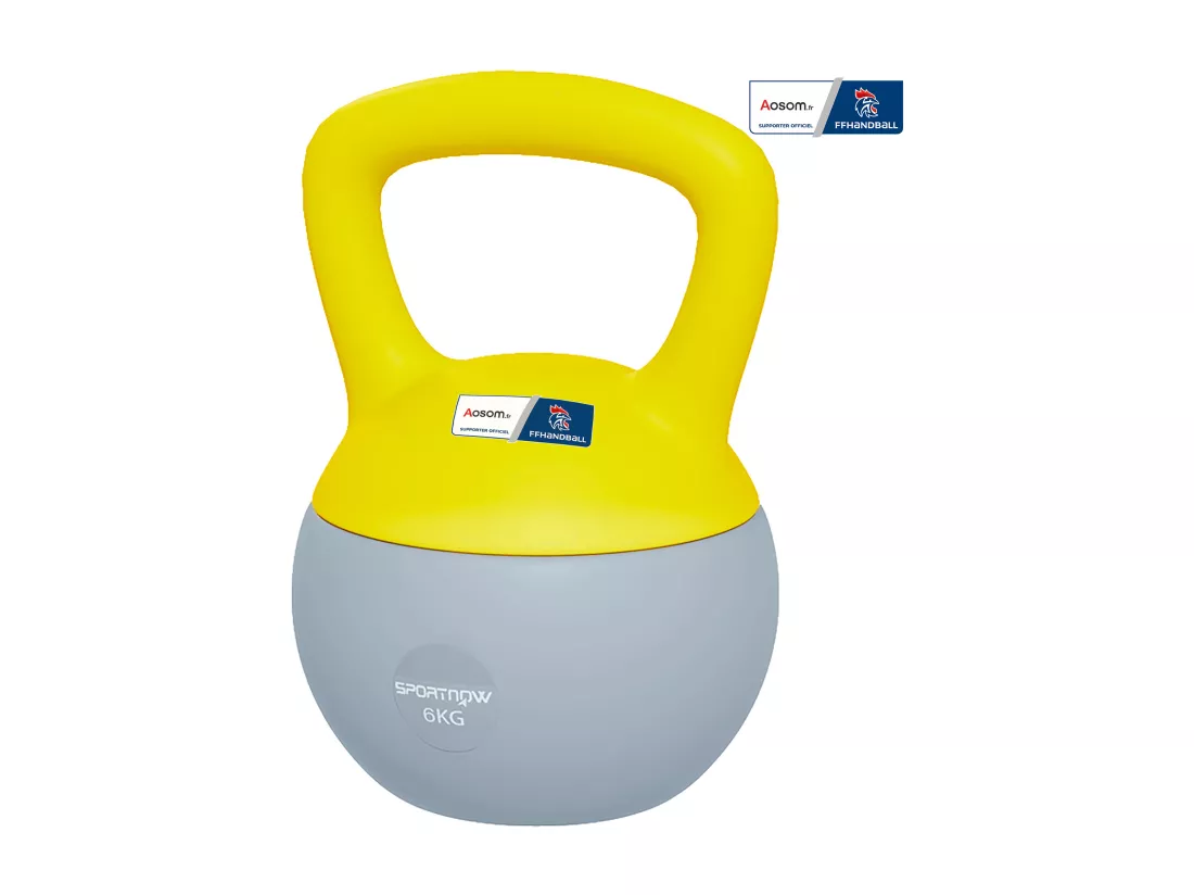 Kettlebell 6 Kg collaboration Aosom.fr x FFHandball - prise ergonomique - PVC gris jaune