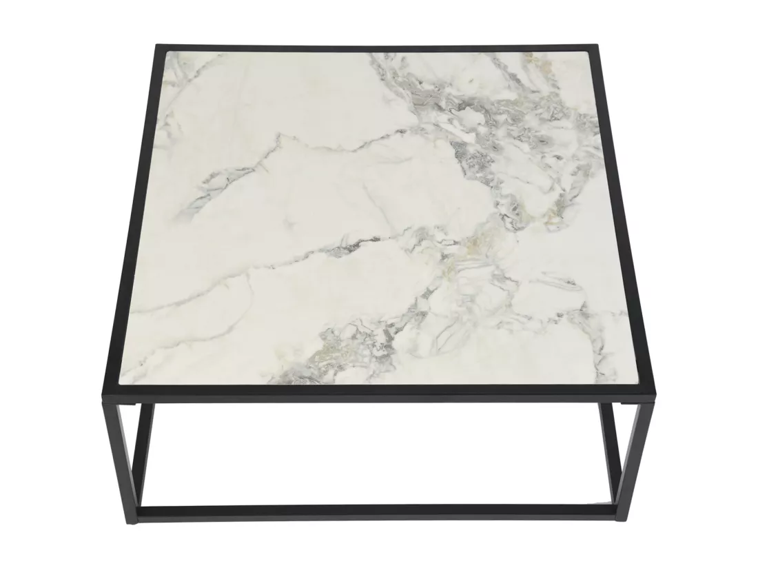 Table basse carrée pierre effet marbre blanc structure noir 80x80cm GAZUDS