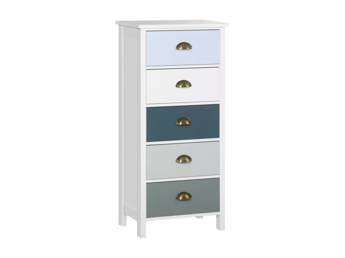 Meuble de rangement chiffonnier style néo-rétro 5 tiroirs poignées coquilles MDF blanc bleu gris