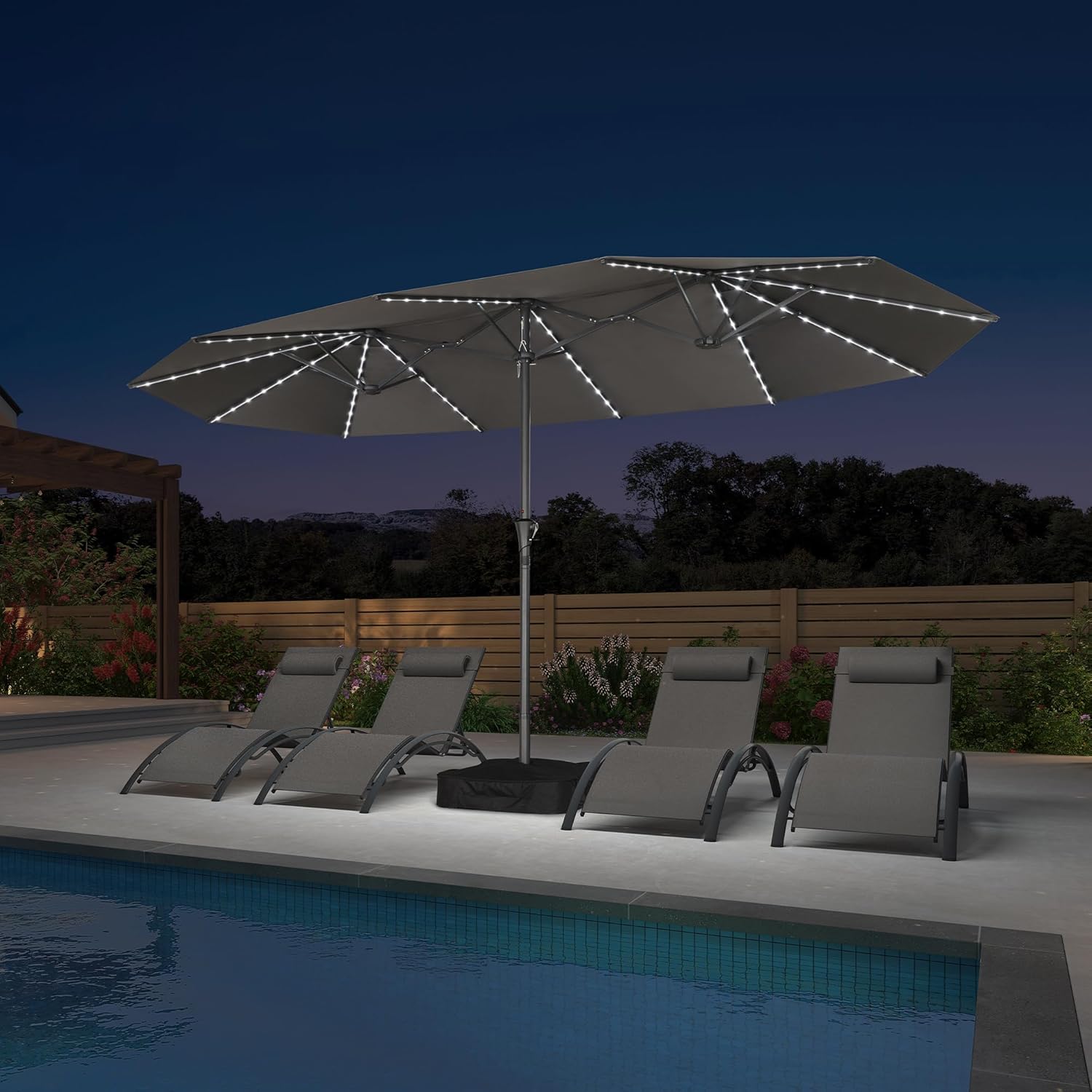 PURPLE LEAF 455 x 270 cm Sonnenschirm mit LED Groß, Doppelsonnenschirm XXL mit Kurbel Rechteckig Terrassenschirm für Balkon, Garten, Gestell Stahl, UV Schutz, Grau