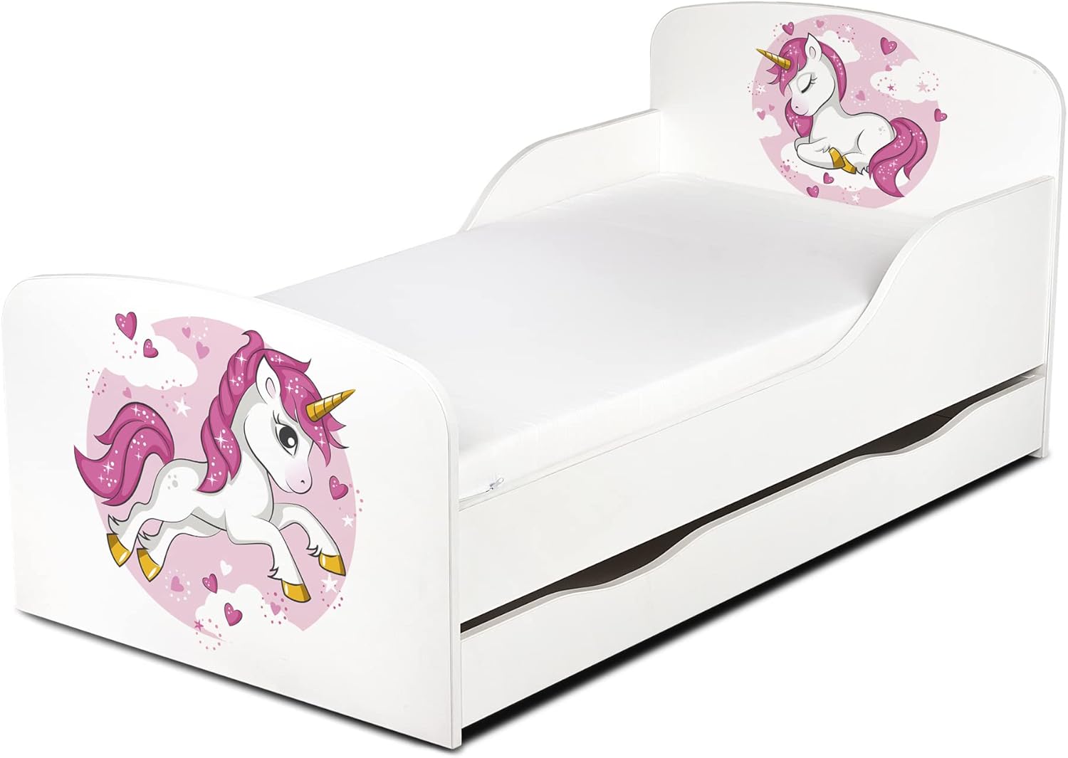 Leomark Einzelbett aus Holz - Lovely Unicorn - Kinderbett mit Schubladen, Stauraum, Holzbett mit Matratze Lattenrost, Liegefläche 70/140 cm, UV-Druck