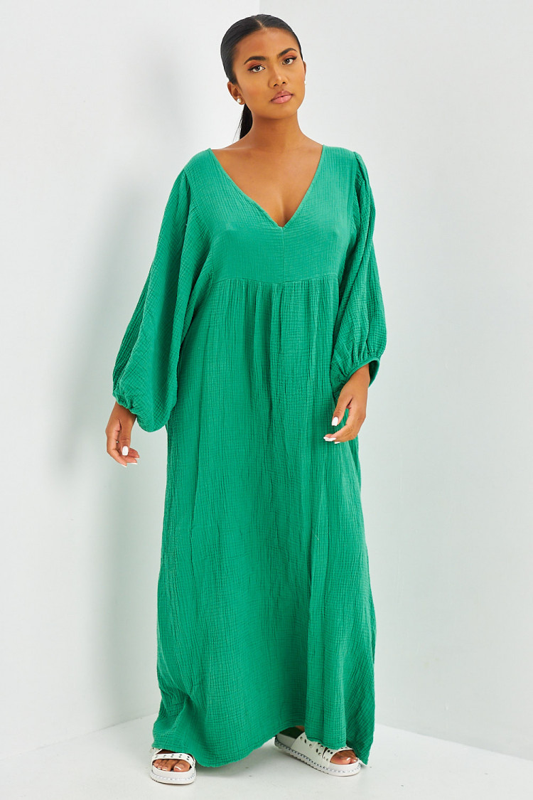 Robe longue ample en gaze de coton verte