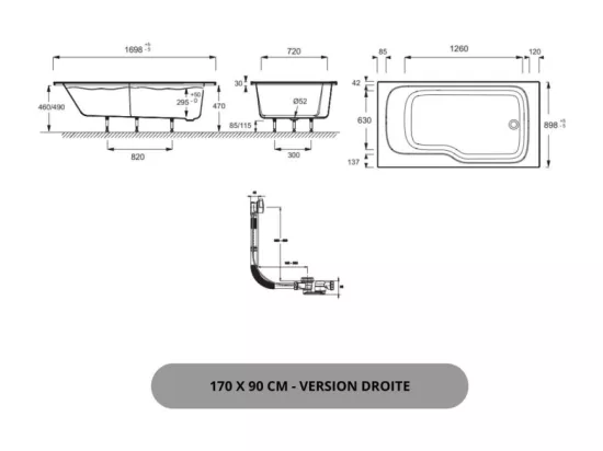 Pack baignoire bain douche 170 x 90 JACOB DELAFON Malice version droite + tablier en angle + pare bain + étagère pour pare bain