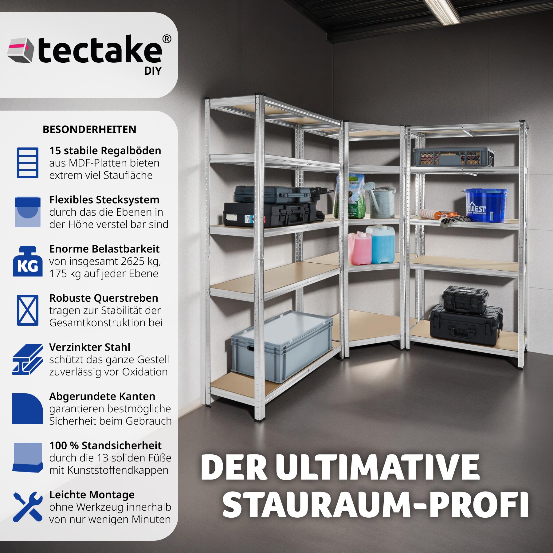 tectake® Schwerlastregalsystem, 3-teilig, 2 in 1 Verwendung als Werkbänke, 15 belastbare, höhenverstellbare MDF-Böden, Gesamtbelastbarkeit 2625 kg, variable Montage im Stecksystem