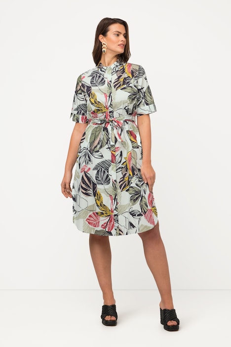Hemdblusenkleid, Blätter, A-Linie, Hemdkragen, Halbarm