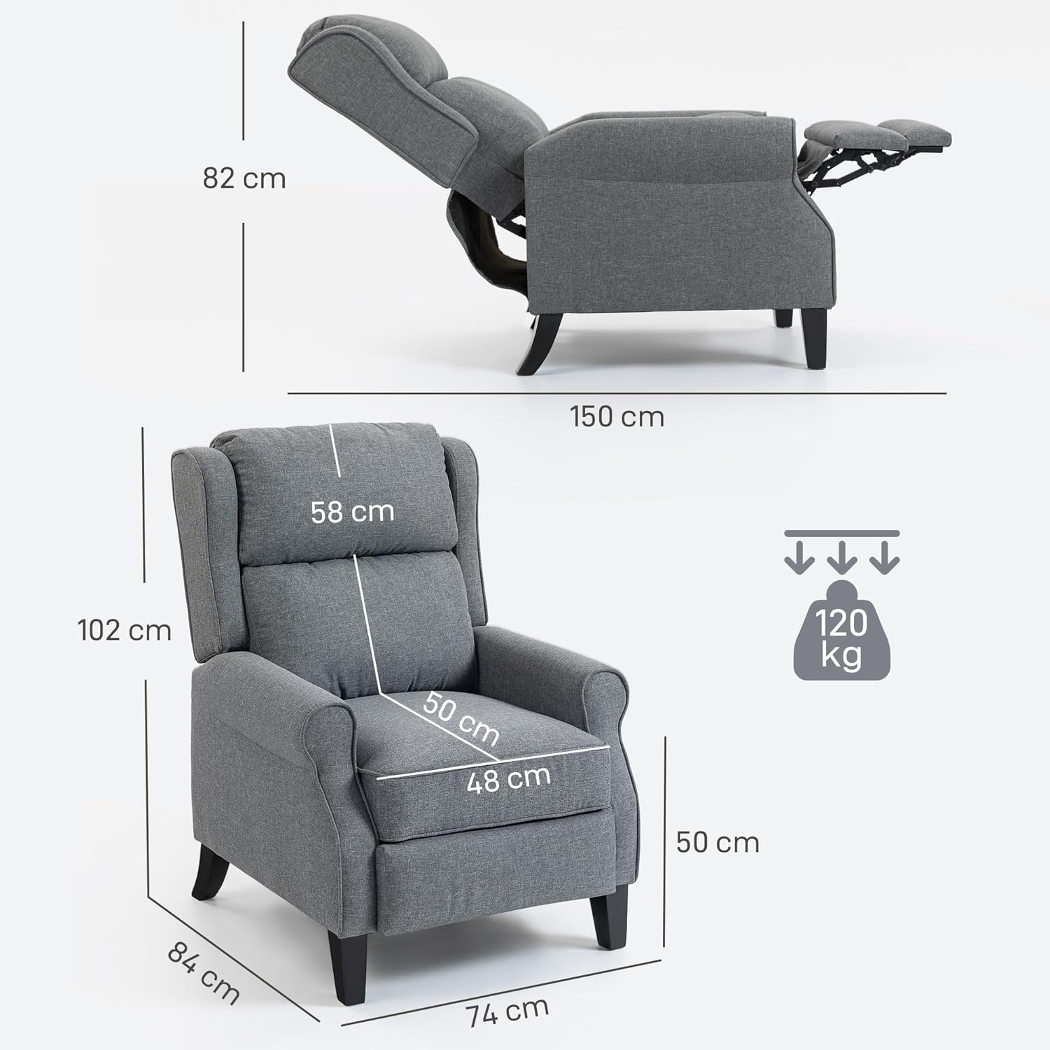 HOMCOM 132° max Reclining Armchair mit Fußstütze und Taschenfedern, Polstersessel in Leinenoptik, Stahl und Holz, 74x84x102 cm, Grau