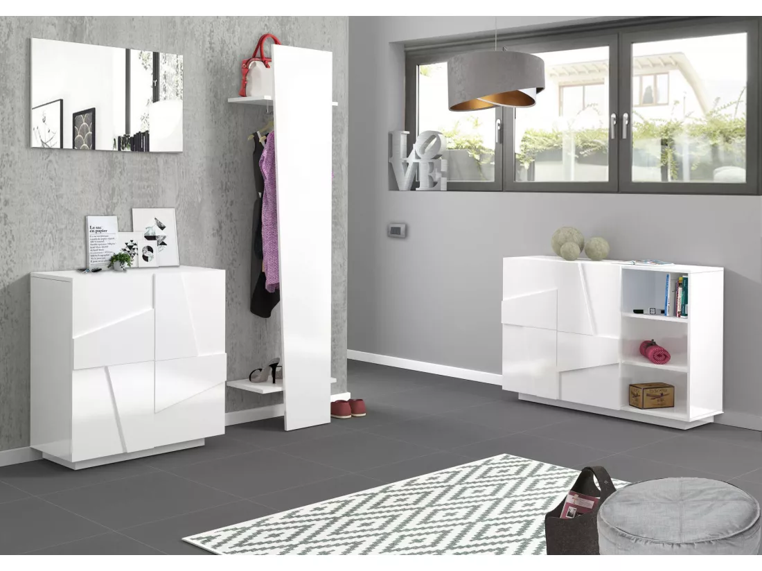 Étagère à chaussures Dfogl, Armoire polyvalente avec 2 portes, Étagère à chaussures d'entrée, 100% Made in Italy, 81x38h86 cm, Blanc brillant avec détail