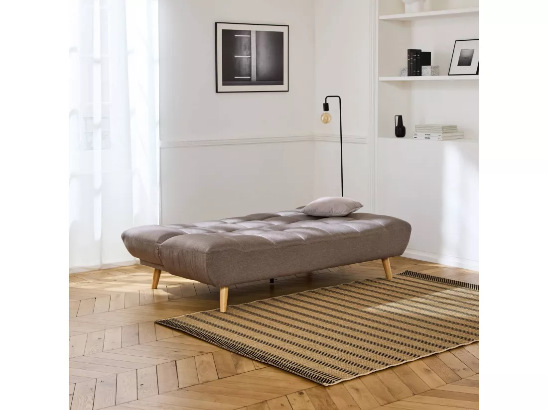 Canapé 3 places banquette clic clac. convertible. en tissu beige et pieds bois naturel