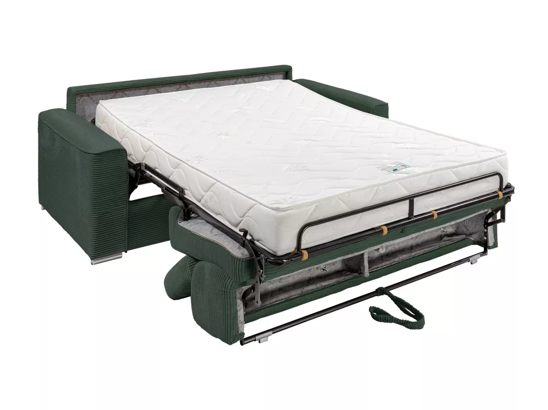Canapé 3 places convertible express en velours côtelé vert - Couchage à lattes larges 140 cm - Matelas 18 cm - VIZIR