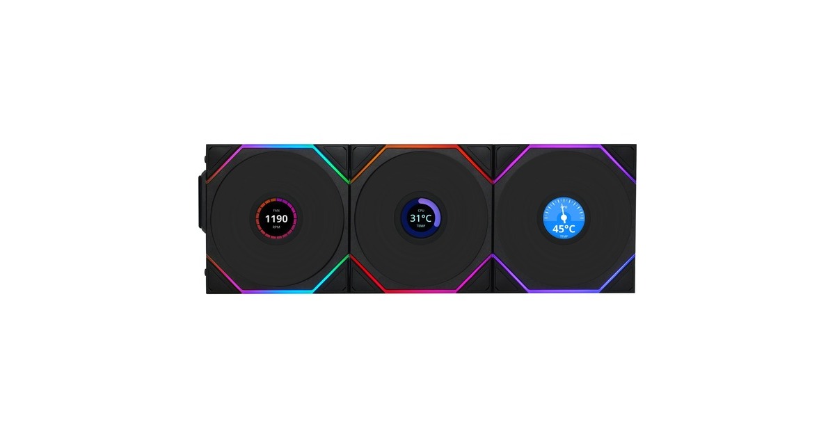 Lian LiUNI FAN TL 120 LCD Wireless RGB case fans  (Zwart, 3 stuks, 120 x 124 x 28 mm, PWM, 1x 9-pin USB, incl. controller)