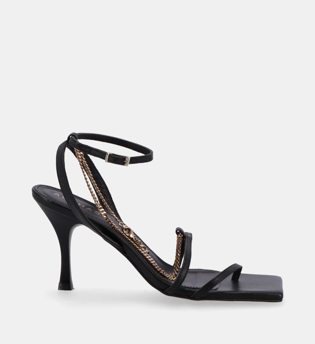 STRAPS - Sandales à fines brides en cuir ornées d'une chaîne | Noir