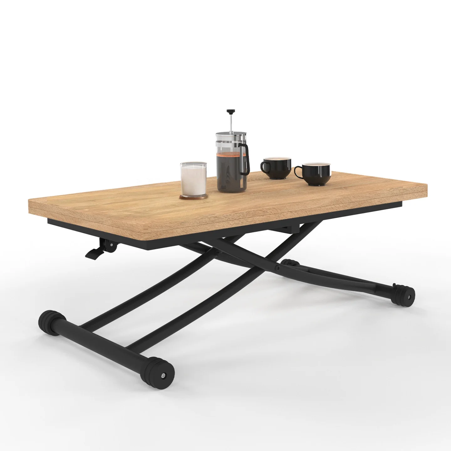 Table basse 2-en-1 relevable en table à manger 6-8 personnes plateau portefeuille URBANA bois et noir design industriel