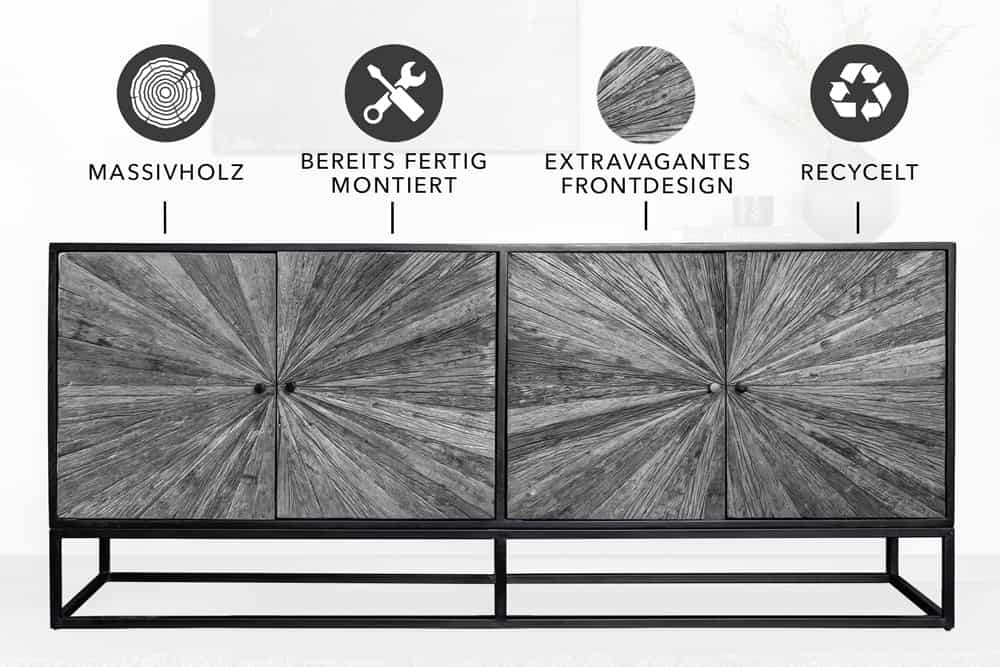 Massives Sideboard BARRACUDA 180cm grau Mangoholz mit Teakholz-Front schwarz Metall