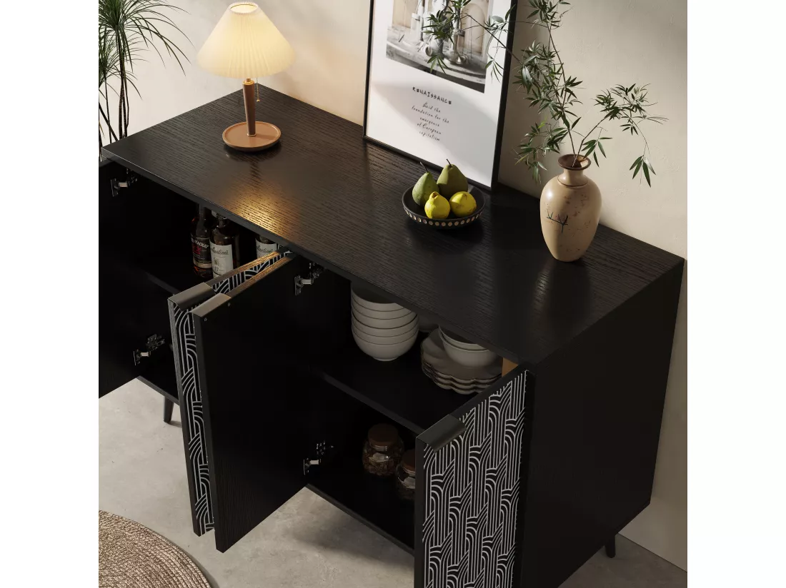 Buffet moderne avec 4 portes sculptée - 120 x 35 x 78 cm - MDF - pour salle à manger et salon - Noir