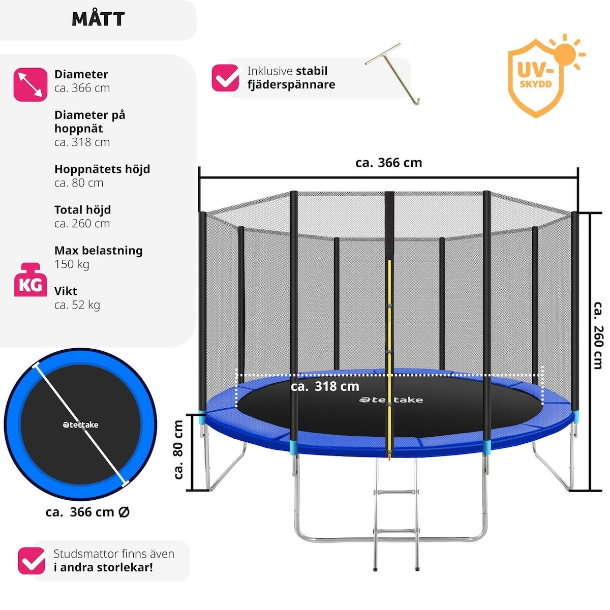 Trampoline med beskyttelsesnett - 366 cm