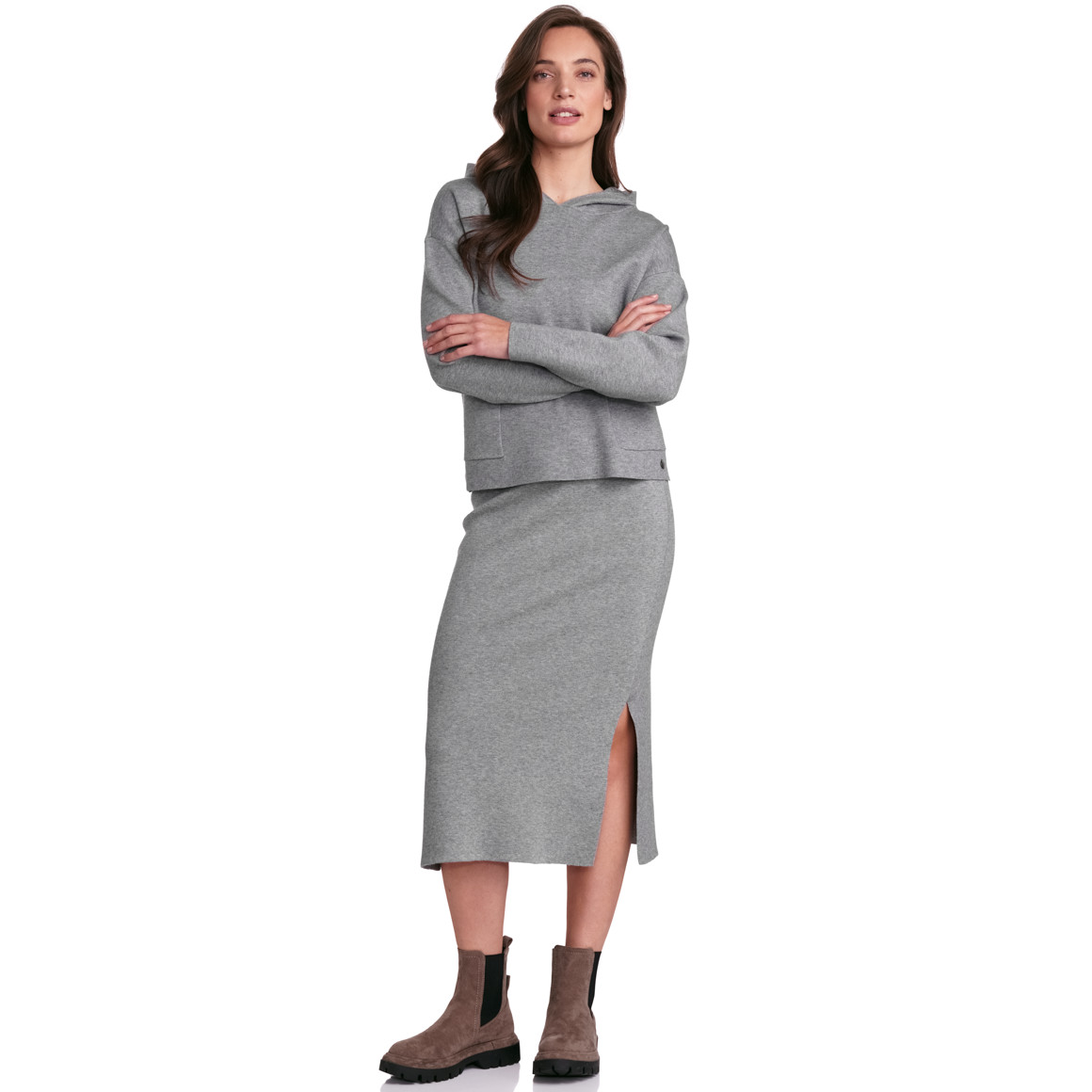 Gina Collection Damen Strickpullover mit Kapuze grau