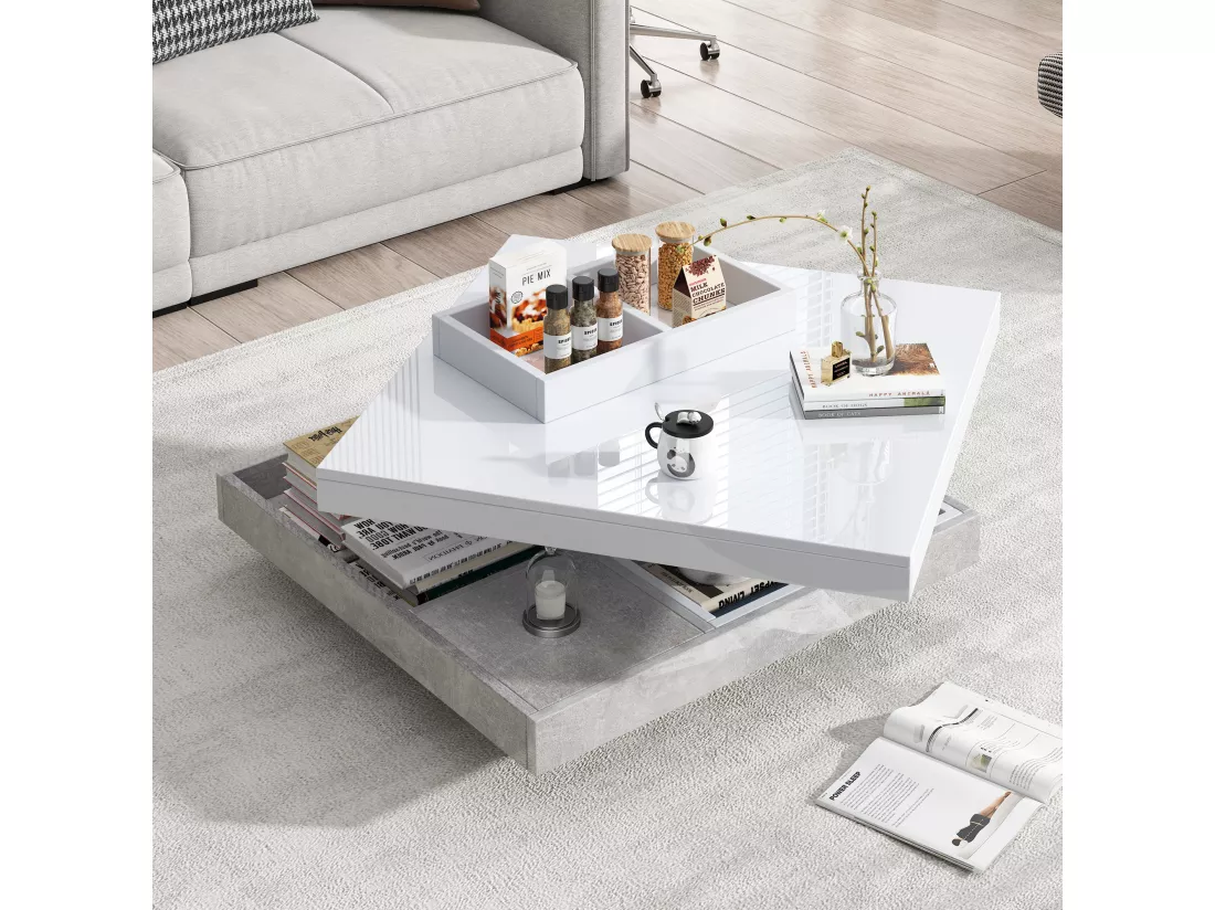 Table basse avec rangements 70x70x36 cm - plateau brillant orientable à 360° - Blanc & Gris