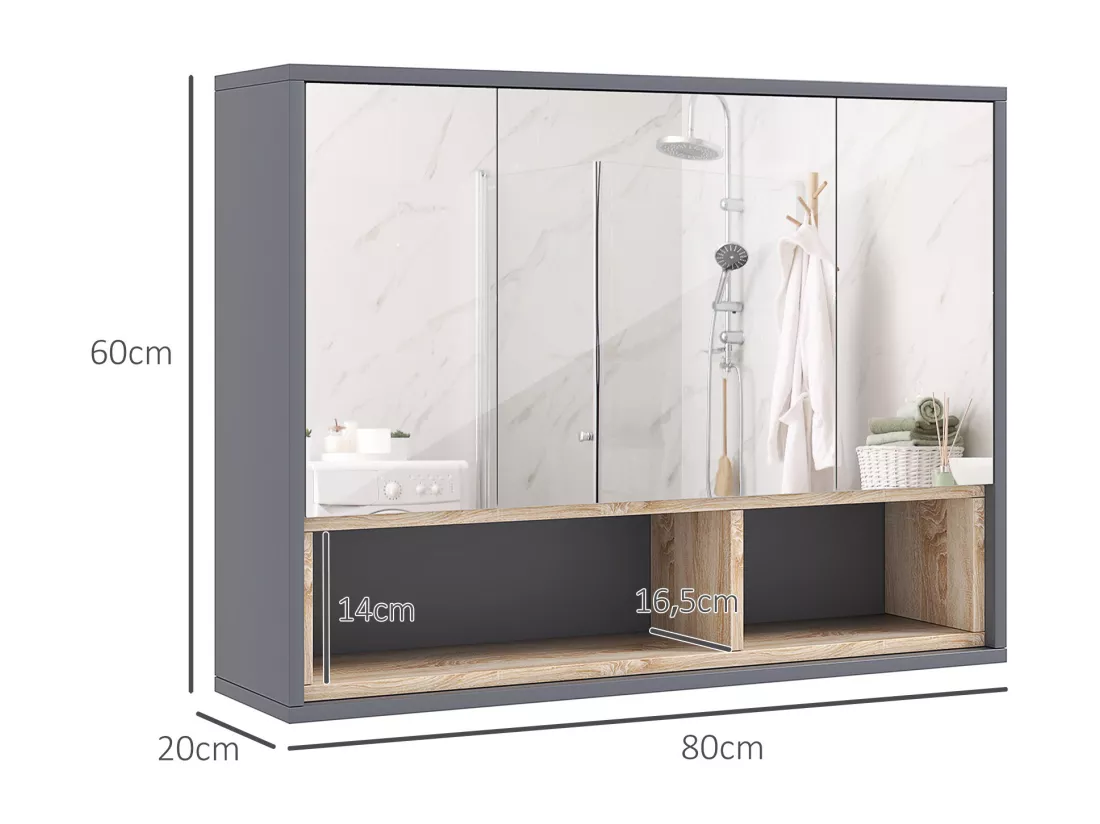 Armoire miroir de salle de bain - 3 portes, 3 étagères, 2 niches - dim. 80 x 20 x 60 cm - gris effet bois clair naturel
