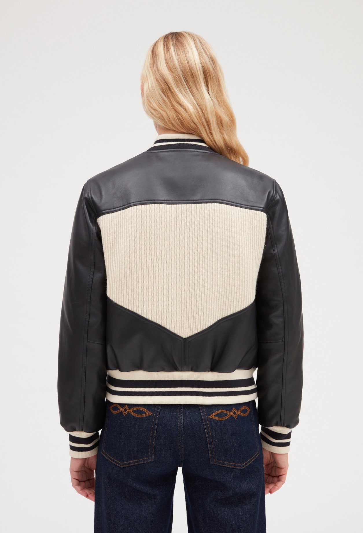 Blouson cuir et maille bicolore