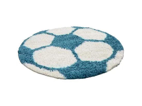 Tapis enfant Ø120cm rond tissé turquoise et crème SHAGGY FOOT