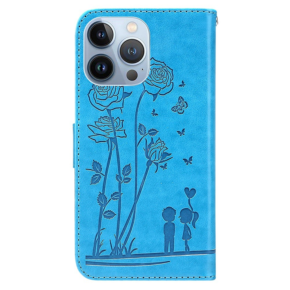 iPhone 13 Pro Leder Tasche mit Kartenfach Love Roses - Blau