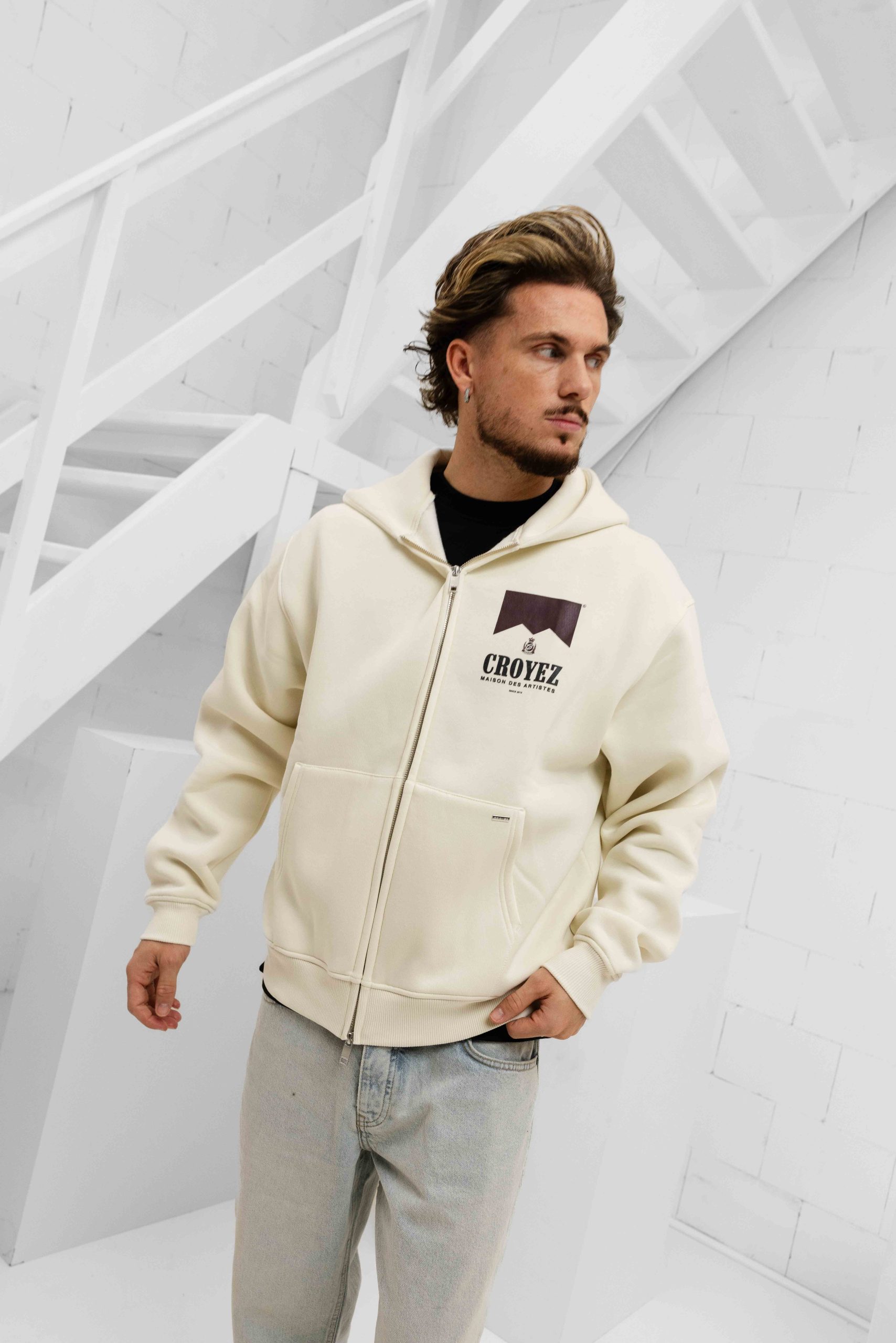 Croyez Maison Fumes Zip Hoodie Heren Gebroken Wit