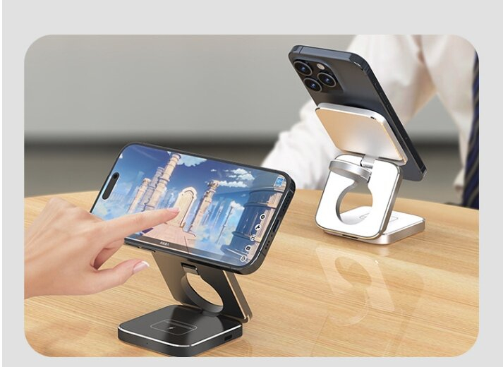 (15W) 3in1 MagSafe Ladegerät Qi Wireless Charger Faltbarer Ladeständer für Smartphone / Samsung Galaxy Watch / Galaxy Buds - Schwarz