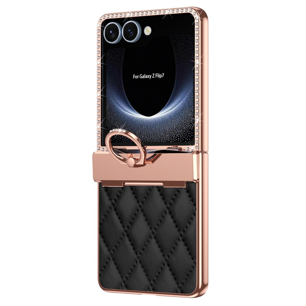 Samsung Galaxy Z Flip7 Hardcase Hülle Finger Griff Ring Halterung Glitzer Design   Scharnier Design - Schwarz / Roségold