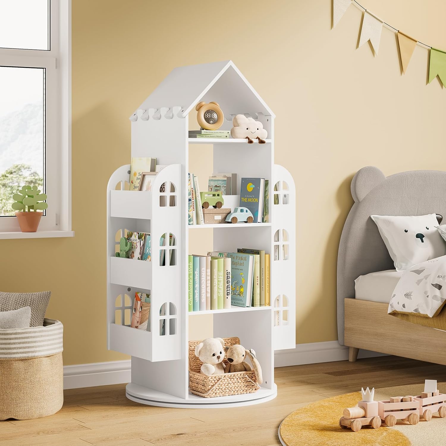 WOLTU Drehbares Bücherregal Kinder, Kinderregal Kinderbücherregal, Mit 4 Ebenen 2 Seitenregalen, Regal Hausform, 63x125x59 cm, Weiß
