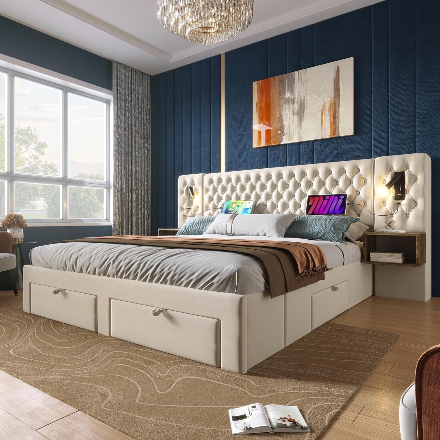 Polsterbett Doppelbett Bettanlage 180x200 cm, Schlafzimmer Komplett Set mit 2x Nachtkommoden und 4 Schubladen, LED Kopfteil Stauraumbett mit Leselicht & USB Ladefunktion, Samt, Ohne Matratze, Beige