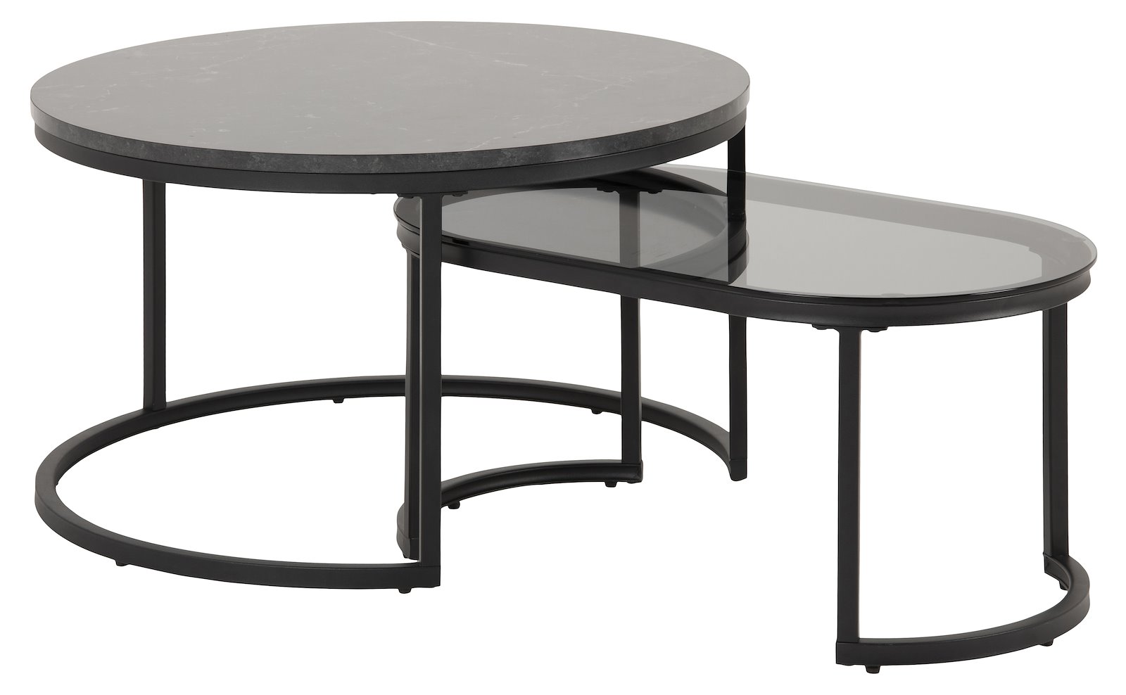 Spiro sofabordsett Topp i sort marmor print og røykfarget glass med sort metallunderstell. Sett av 2.