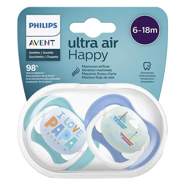 Chupeta Avent Ultra Air Unissex Love Pap para bebês de 6 a 18 meses, pacote com 2 unidades